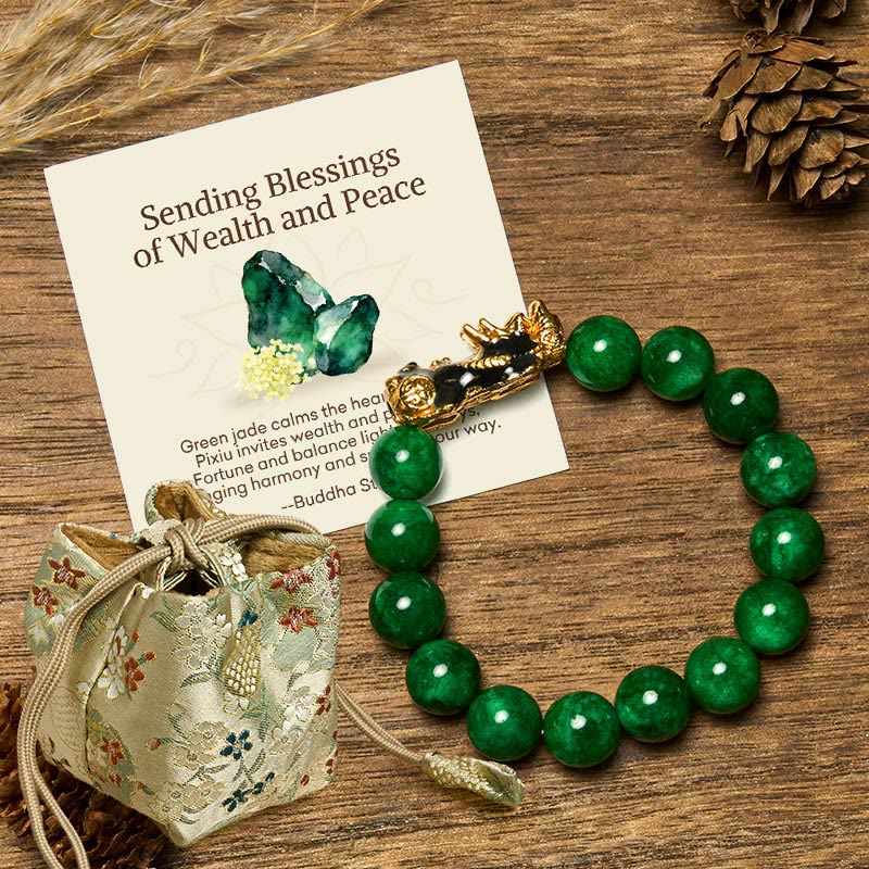 Nimara Ritual "Sending Blessings of Wealth and Peace" PiXiu Jade Bracelet Includes Gift Message Card
