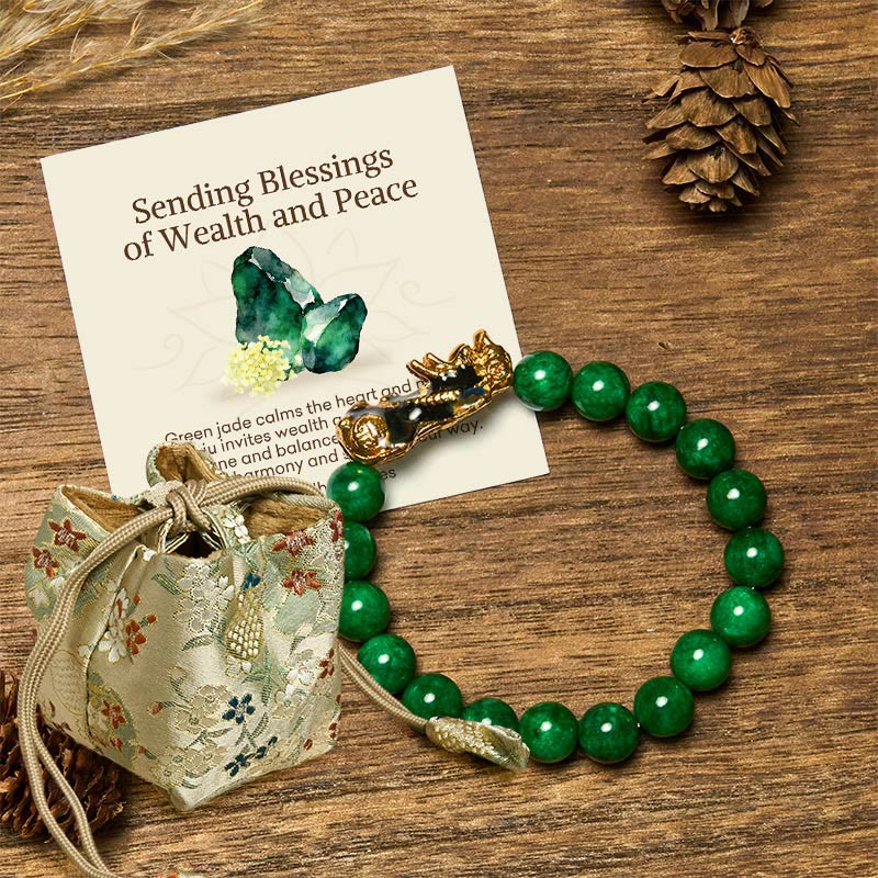Nimara Ritual "Sending Blessings of Wealth and Peace" PiXiu Jade Bracelet Includes Gift Message Card