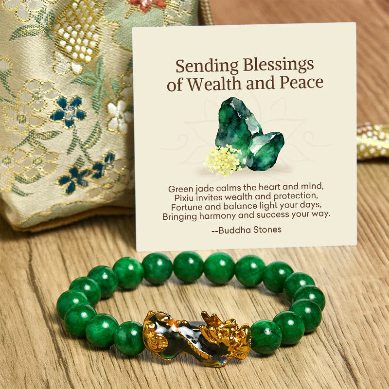 Nimara Ritual "Sending Blessings of Wealth and Peace" PiXiu Jade Bracelet Includes Gift Message Card