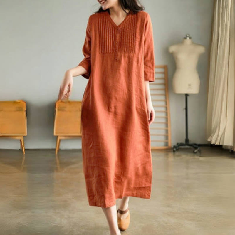 Nimara Ritual Casual Plain Accordion Pleats V-neck Half Sleeve Design Midi Dress With Pockets