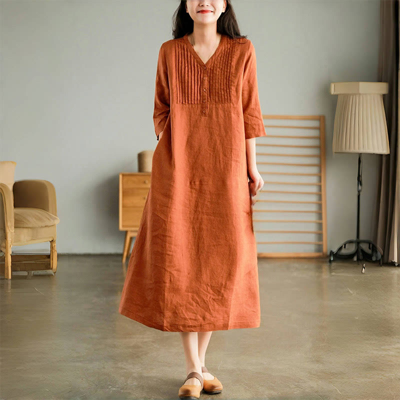 Nimara Ritual Casual Plain Accordion Pleats V-neck Half Sleeve Design Midi Dress With Pockets