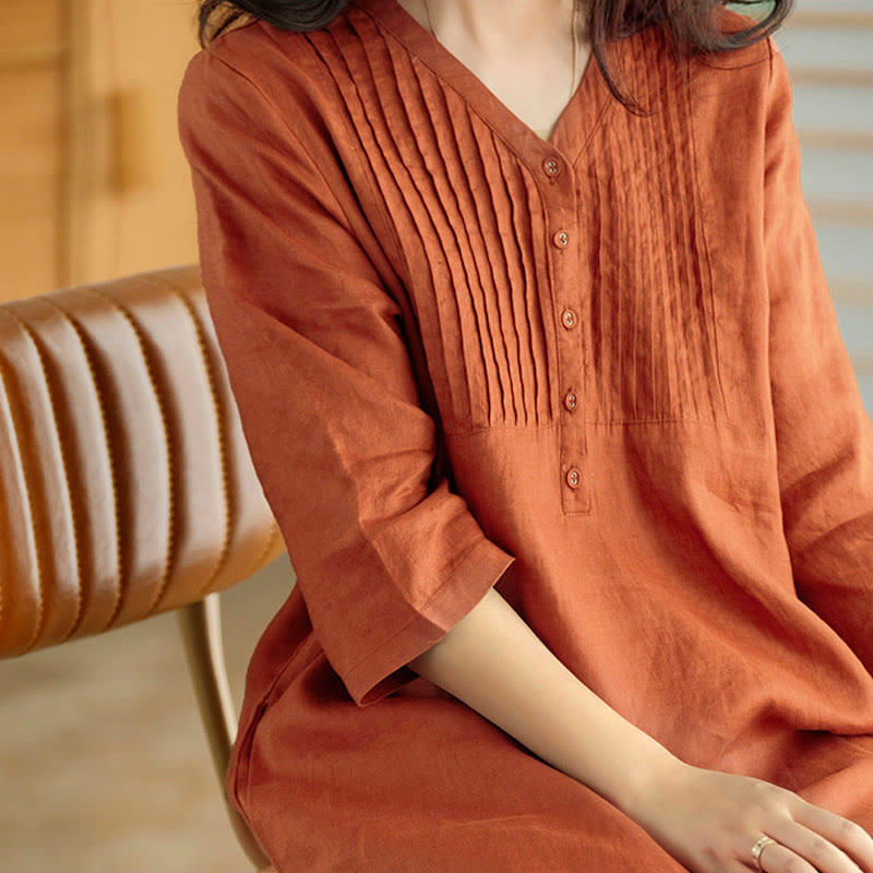 Nimara Ritual Casual Plain Accordion Pleats V-neck Half Sleeve Design Midi Dress With Pockets