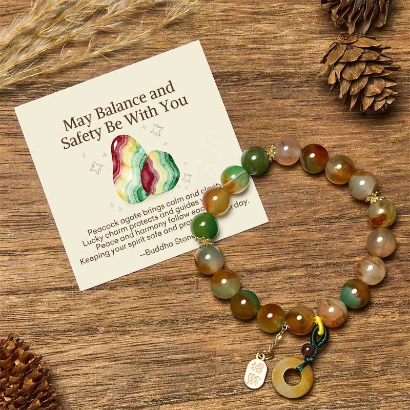 Nimara Ritual "May Balance and Safety Be With You"Peacock Agate Bracelet Includes Gift Message Card
