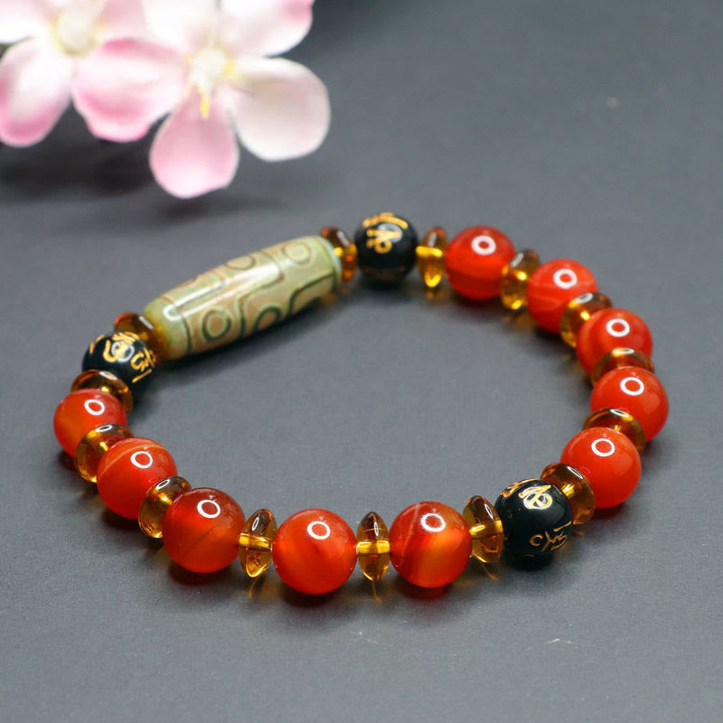 Nimara Ritual Red Agate Nine-eye Dzi Bead Six True Words Calm Bracelet