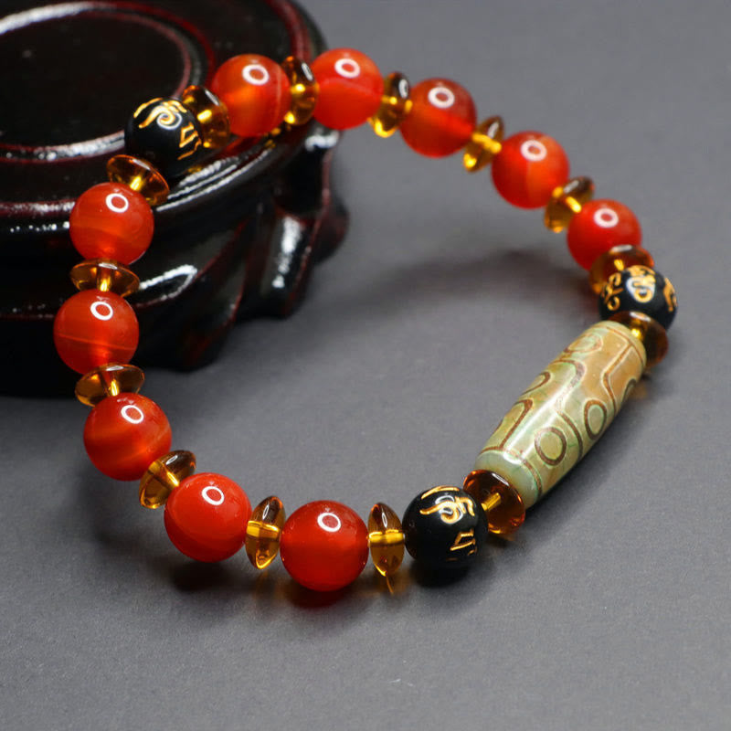 Nimara Ritual Red Agate Nine-eye Dzi Bead Six True Words Calm Bracelet