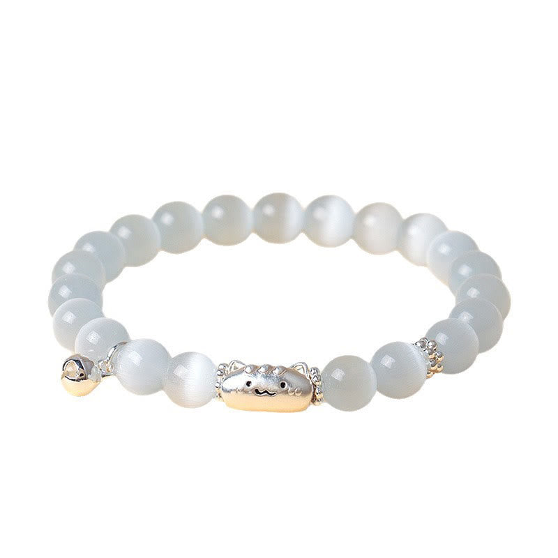 Nimara Ritual 999 Sterling Silver Natural Cat Head White Cat's Eye White Agate Positive Bracelet