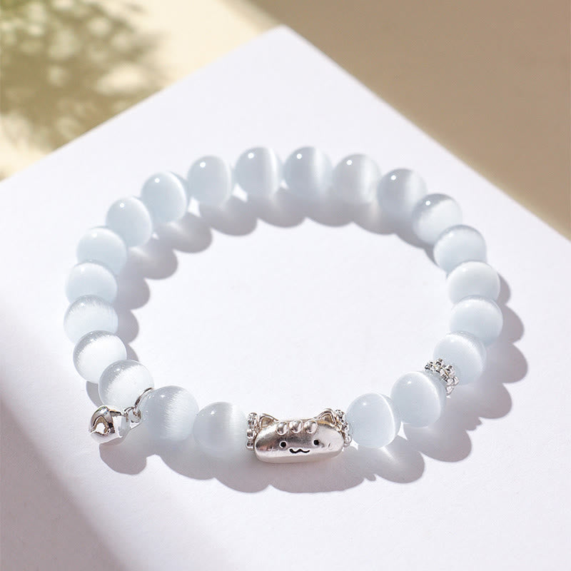 Nimara Ritual 999 Sterling Silver Natural Cat Head White Cat's Eye White Agate Positive Bracelet