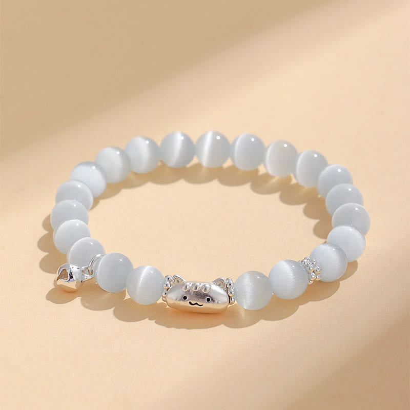 Nimara Ritual 999 Sterling Silver Natural Cat Head White Cat's Eye White Agate Positive Bracelet