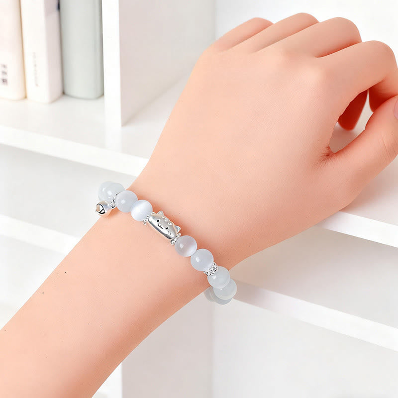 Nimara Ritual 999 Sterling Silver Natural Cat Head White Cat's Eye White Agate Positive Bracelet