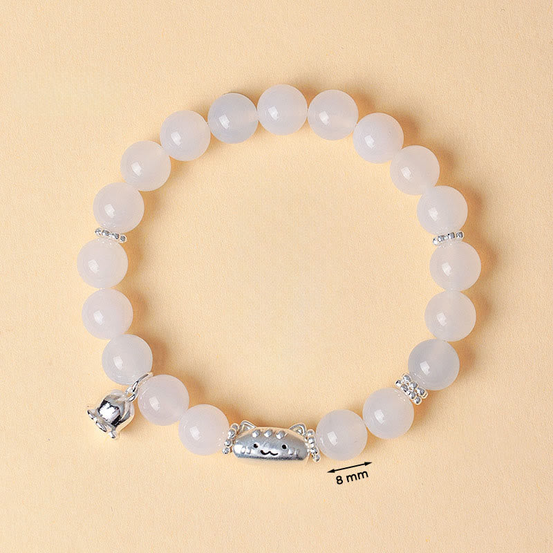 Nimara Ritual 999 Sterling Silver Natural Cat Head White Cat's Eye White Agate Positive Bracelet