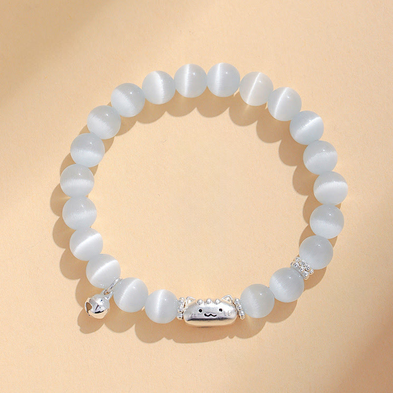 Nimara Ritual 999 Sterling Silver Natural Cat Head White Cat's Eye White Agate Positive Bracelet