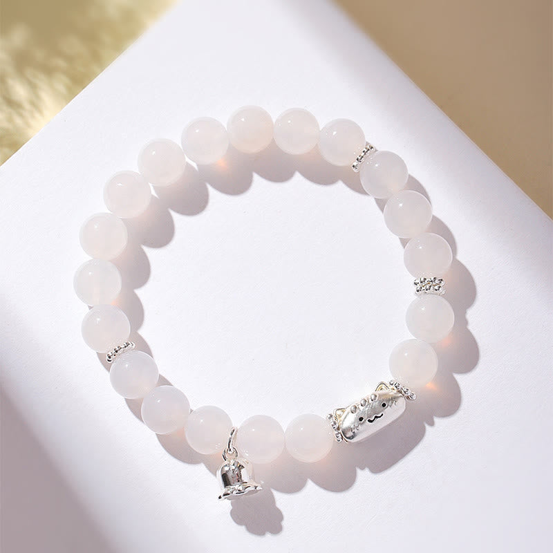 Nimara Ritual 999 Sterling Silver Natural Cat Head White Cat's Eye White Agate Positive Bracelet
