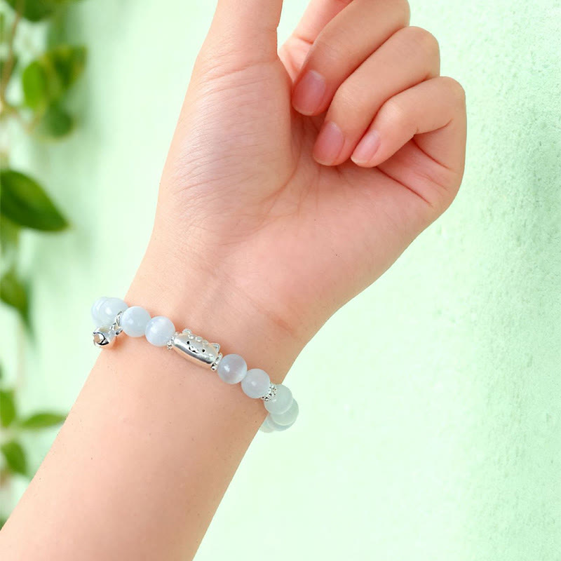 Nimara Ritual 999 Sterling Silver Natural Cat Head White Cat's Eye White Agate Positive Bracelet