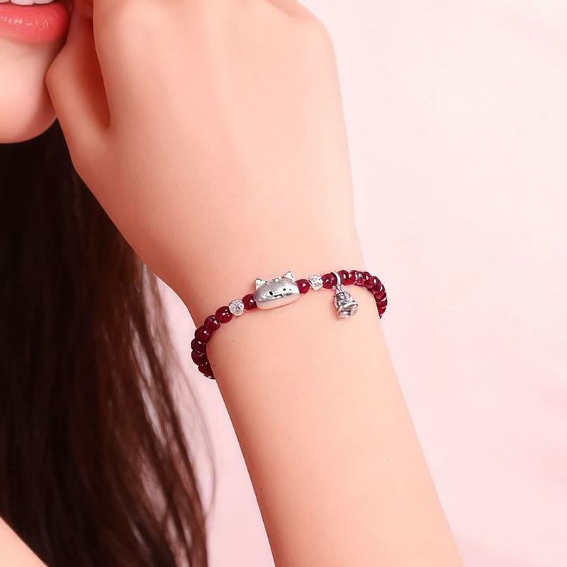 Nimara Ritual 999 Sterling Silver Natural Cute Cat Head Garnet Protection Bead Bracelet