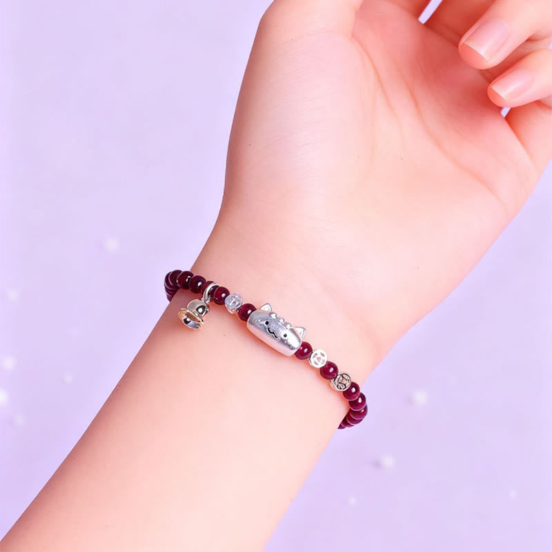 Nimara Ritual 999 Sterling Silver Natural Cute Cat Head Garnet Protection Bead Bracelet