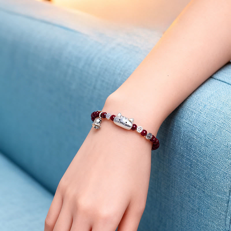 Nimara Ritual 999 Sterling Silver Natural Cute Cat Head Garnet Protection Bead Bracelet