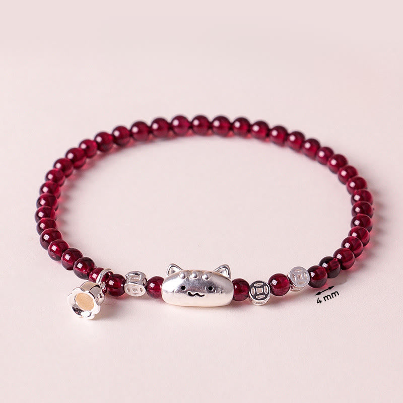 Nimara Ritual 999 Sterling Silver Natural Cute Cat Head Garnet Protection Bead Bracelet