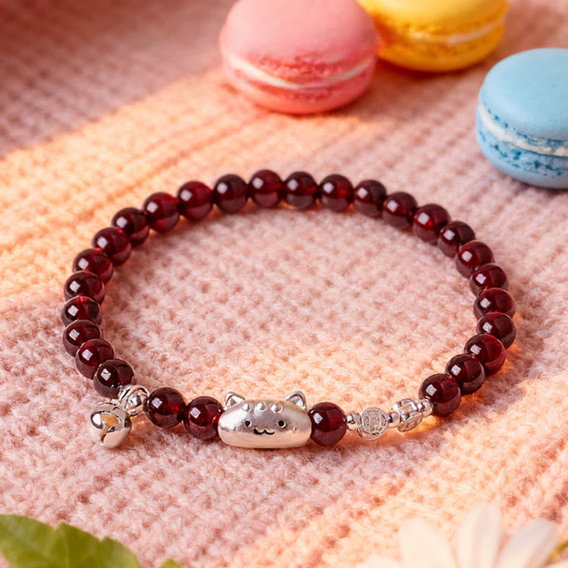 Nimara Ritual 999 Sterling Silver Natural Cute Cat Head Garnet Protection Bead Bracelet