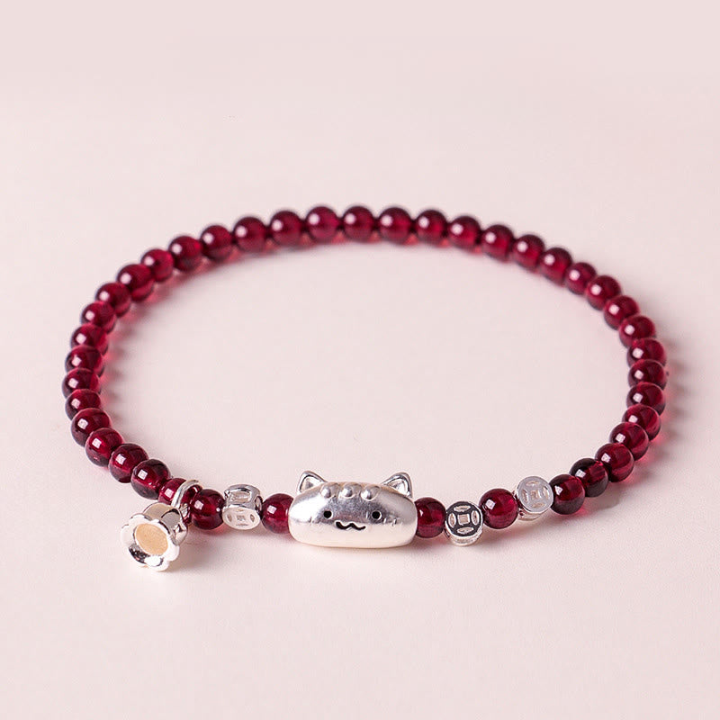 Nimara Ritual 999 Sterling Silver Natural Cute Cat Head Garnet Protection Bead Bracelet