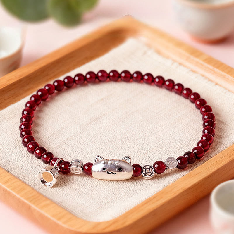 Nimara Ritual 999 Sterling Silver Natural Cute Cat Head Garnet Protection Bead Bracelet