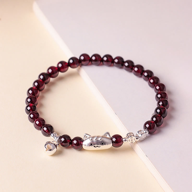 Nimara Ritual 999 Sterling Silver Natural Cute Cat Head Garnet Protection Bead Bracelet