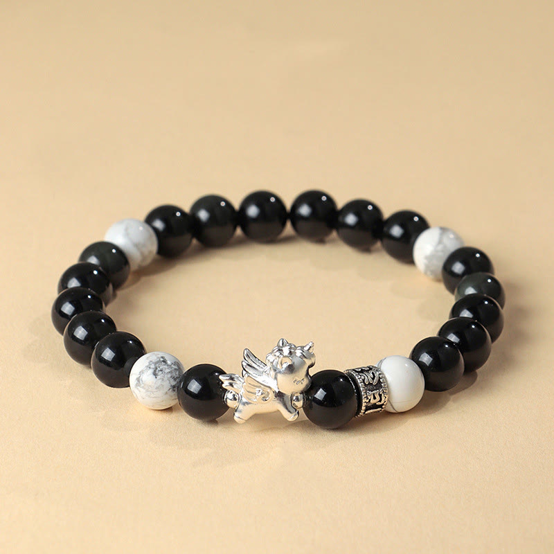 Nimara Ritual 999 Sterling Silver Year Of The Horse Natural Black Obsidian Bodhi Seed Strength Bracelet
