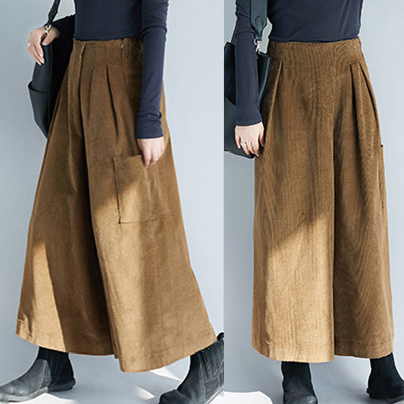 Nimara Ritual Women's Plain Side Zipper Design Wide Leg Corduroy 7-8 Length Pants With Pockets