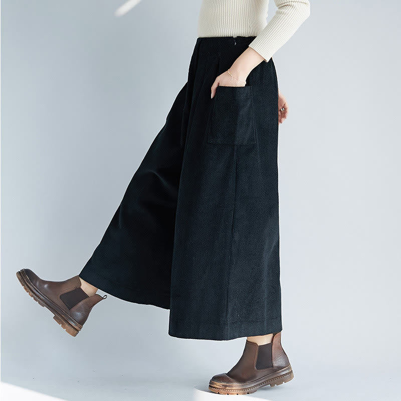 Nimara Ritual Women's Plain Side Zipper Design Wide Leg Corduroy 7-8 Length Pants With Pockets