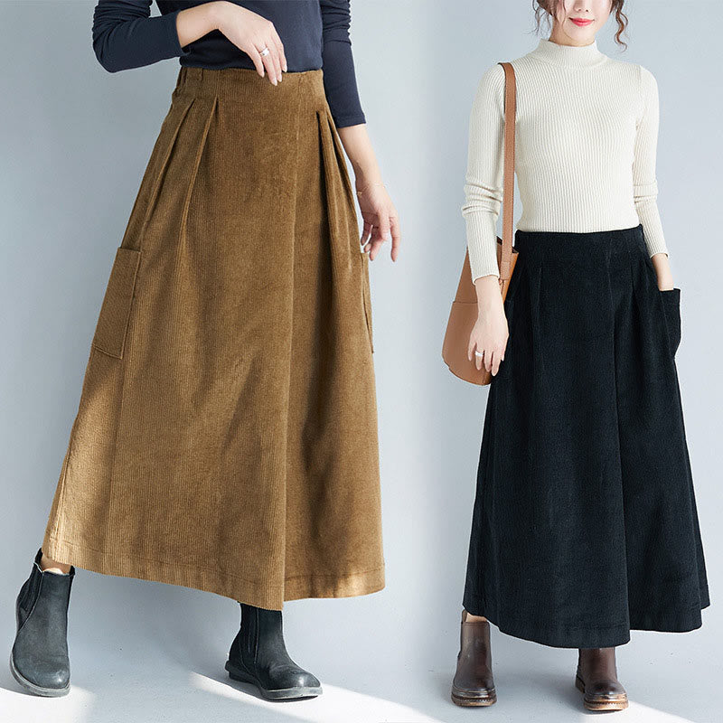 Nimara Ritual Women's Plain Side Zipper Design Wide Leg Corduroy 7-8 Length Pants With Pockets