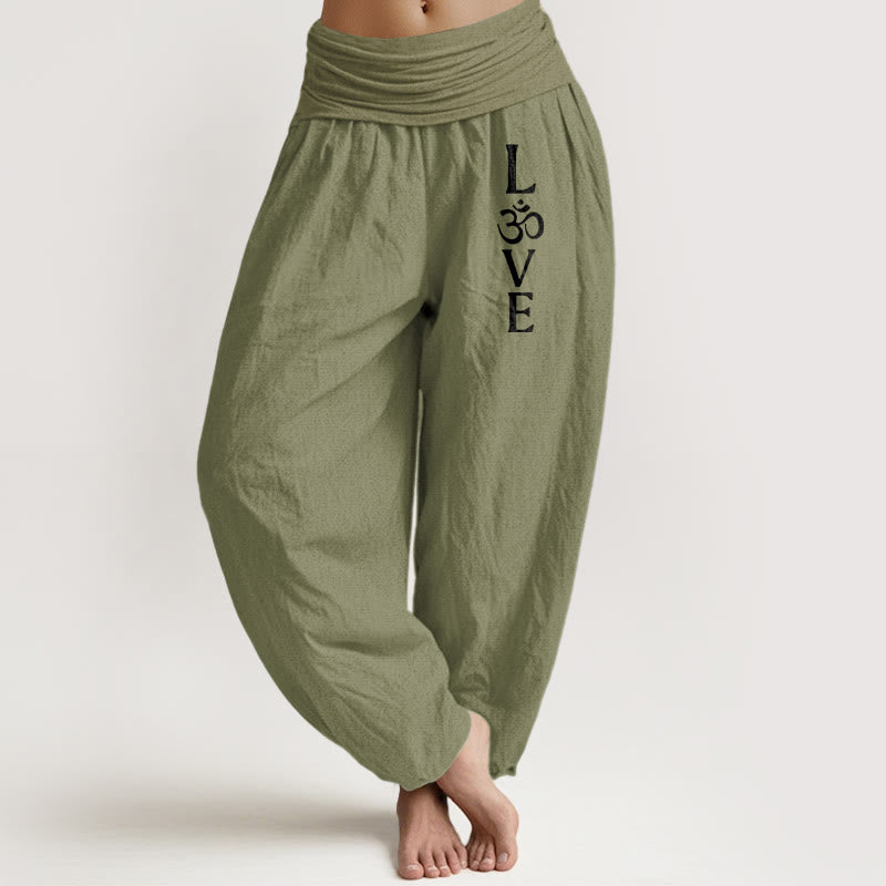 Nimara Ritual Plain Om Symbol Pattern Women's Elastic Waist Harem Pure Cotton Pants