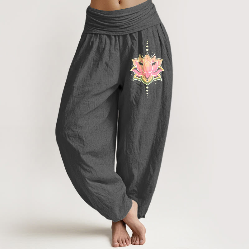 Nimara Ritual Pure Cotton Pink Lotus Flower Pattern Women's Elastic Waist Harem Pants
