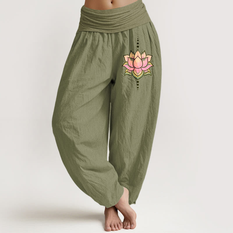Nimara Ritual Pure Cotton Pink Lotus Flower Pattern Women's Elastic Waist Harem Pants