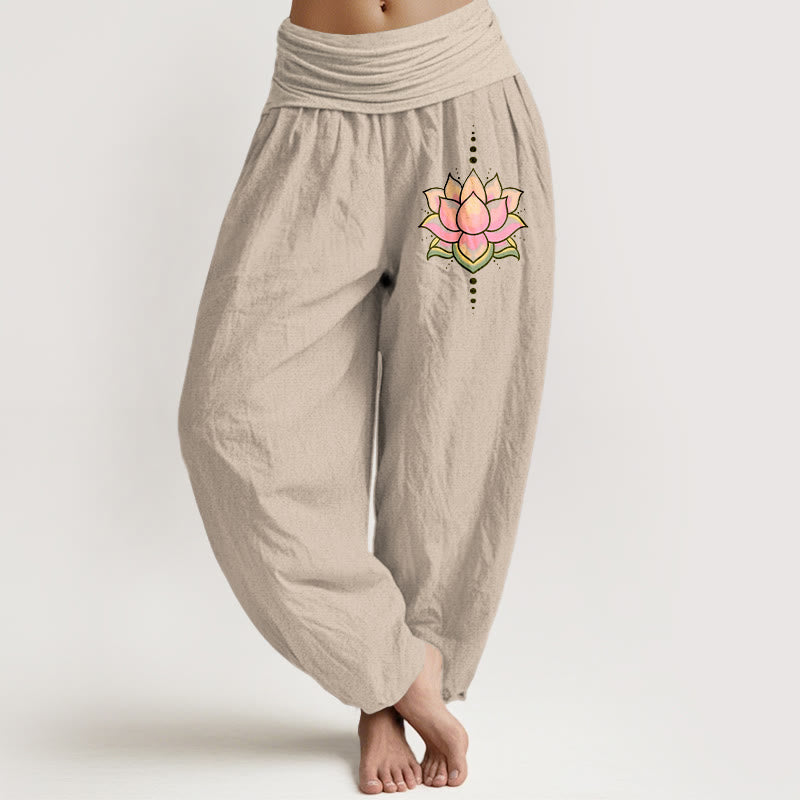Nimara Ritual Pure Cotton Pink Lotus Flower Pattern Women's Elastic Waist Harem Pants