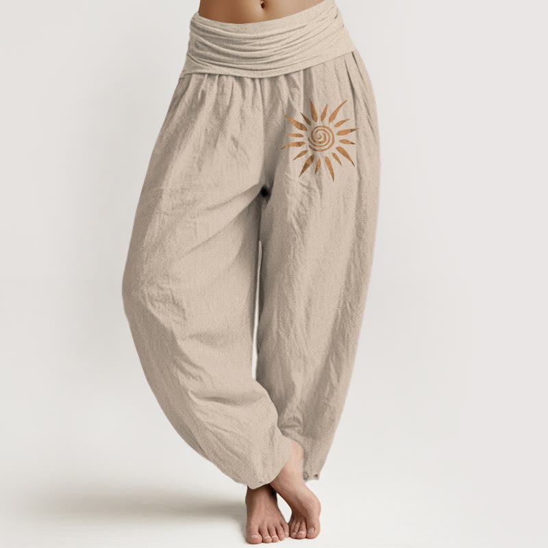 Nimara Ritual Spiral Center Sun Pattern Women's Elastic Waist Harem Pure Cotton Pants