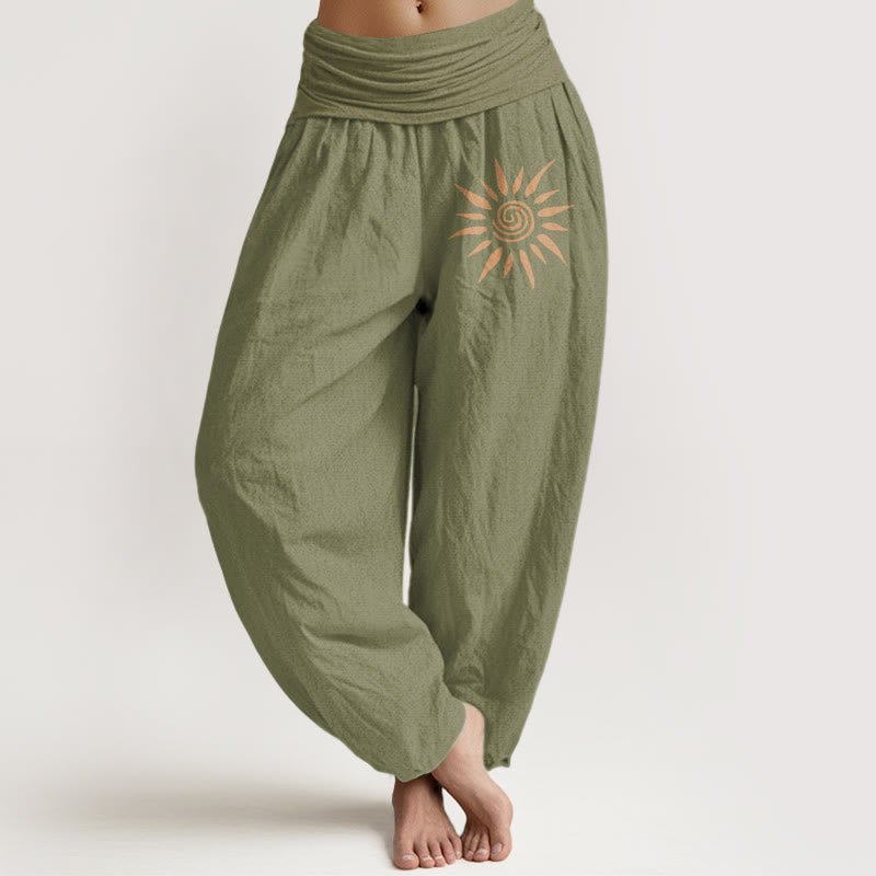 Nimara Ritual Spiral Center Sun Pattern Women's Elastic Waist Harem Pure Cotton Pants