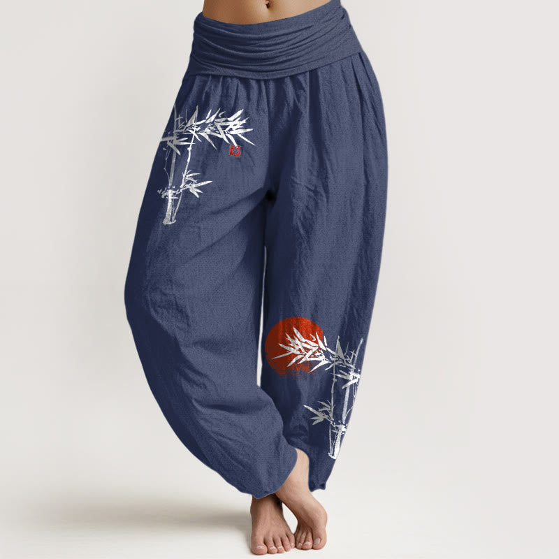Nimara Ritual Bamboo Leaves Red Sun Pattern Women's Elastic Waist Harem Pure Cotton Pants