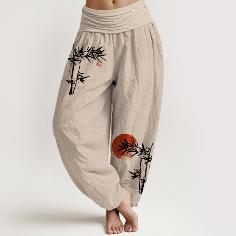 Nimara Ritual Bamboo Leaves Red Sun Pattern Women's Elastic Waist Harem Pure Cotton Pants