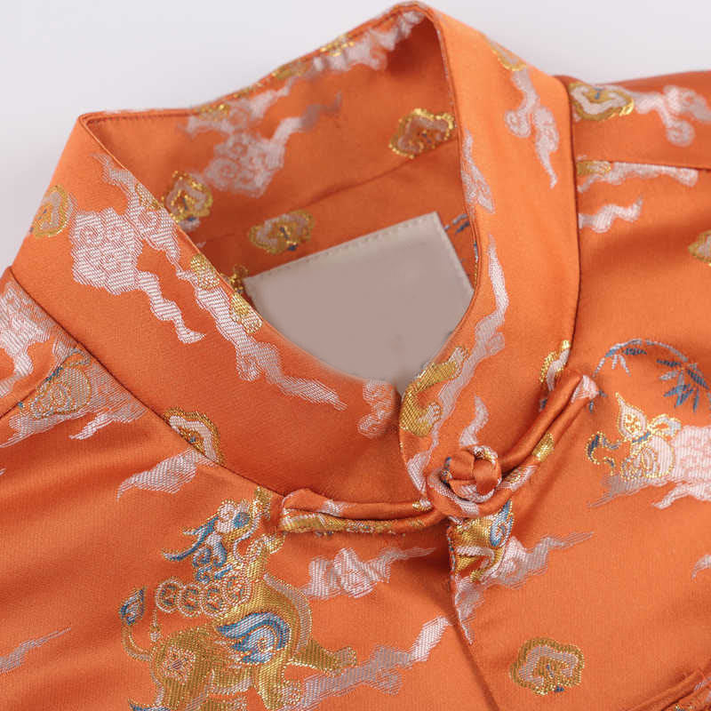 Nimara Ritual Orange Kirin Auspicious Clouds Frog-Button Long Sleeve Men's Jacket With Pockets