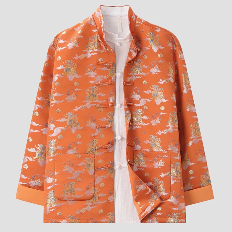 Nimara Ritual Orange Kirin Auspicious Clouds Frog-Button Long Sleeve Men's Jacket With Pockets