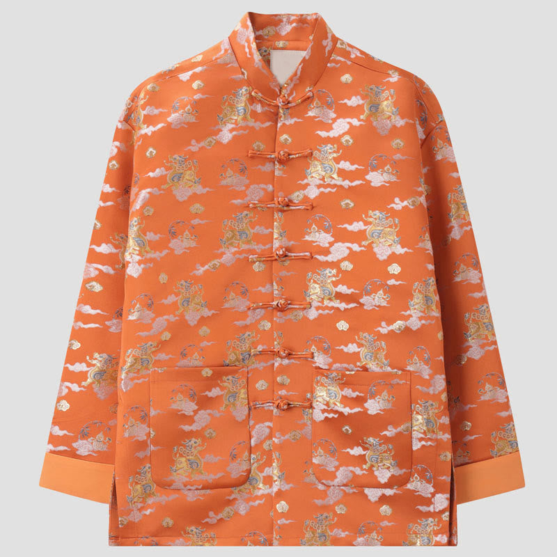 Nimara Ritual Orange Kirin Auspicious Clouds Frog-Button Long Sleeve Men's Jacket With Pockets