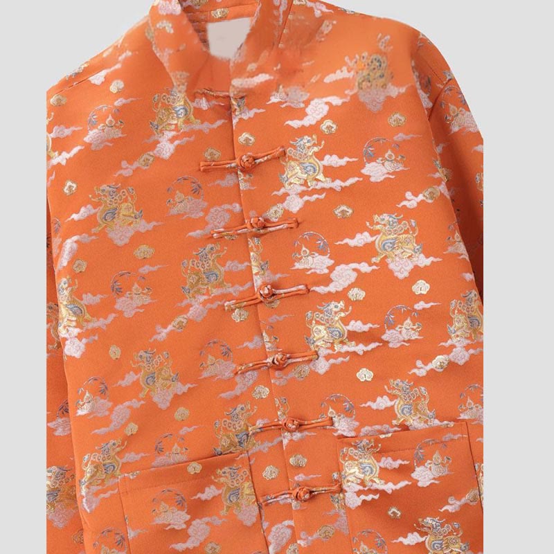 Nimara Ritual Orange Kirin Auspicious Clouds Frog-Button Long Sleeve Men's Jacket With Pockets