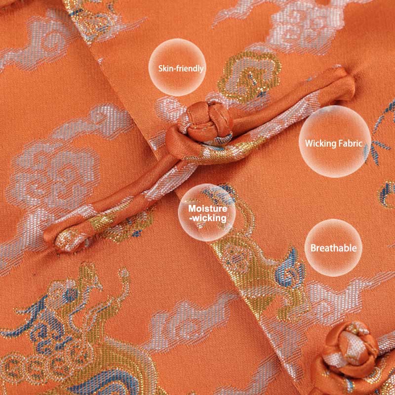 Nimara Ritual Orange Kirin Auspicious Clouds Frog-Button Long Sleeve Men's Jacket With Pockets