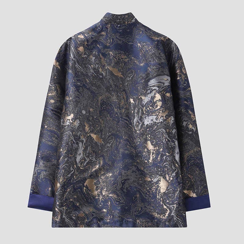 Nimara Ritual Blue Flowing Water Mountains Frog-Button Long Sleeve Men's Jacket With Pockets