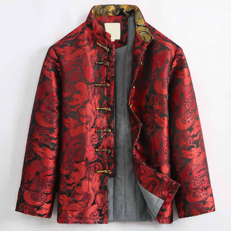 Nimara Ritual Winter Dragon Jacquard Warm Frog-Button Long Sleeve Men's Jacket With Pockets
