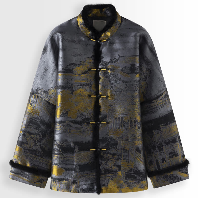 Nimara Ritual Ancient Buildings Trees Frog-Button Long Sleeve Men's Jacket With Pockets