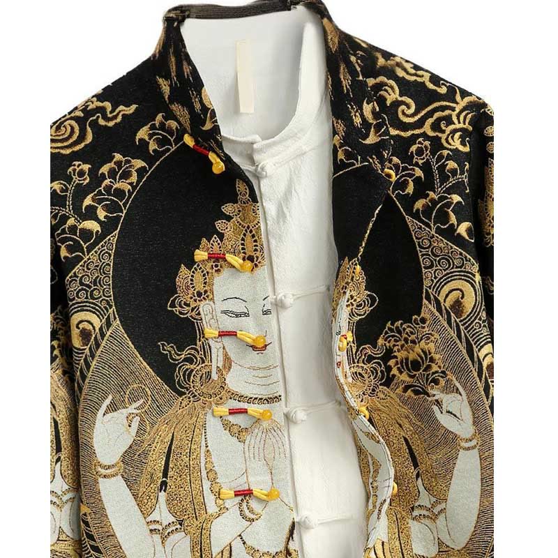 Nimara Ritual Avalokitesvara Guanyin Frog-Button Long Sleeve Men's Jacket