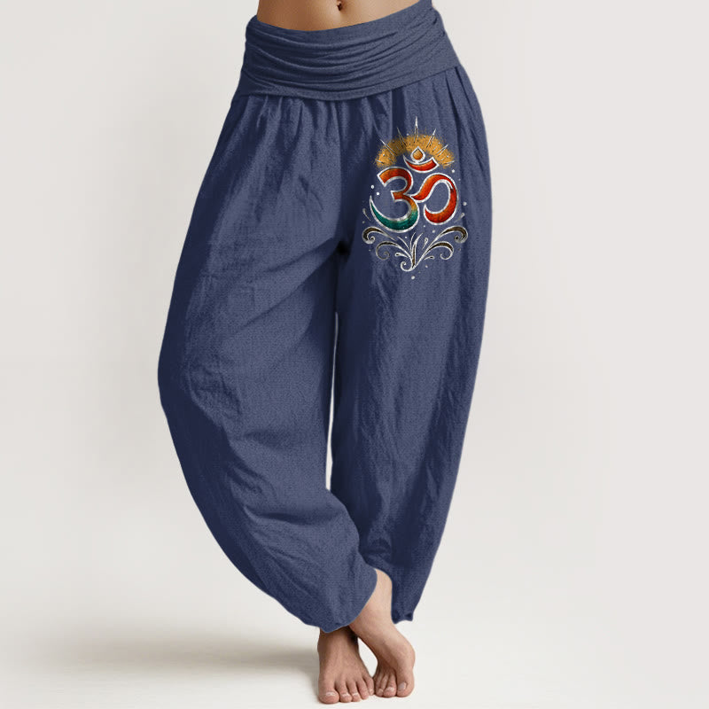 Nimara Ritual Om Symbol Light Pattern Women's Elastic Waist Harem Cotton Pants