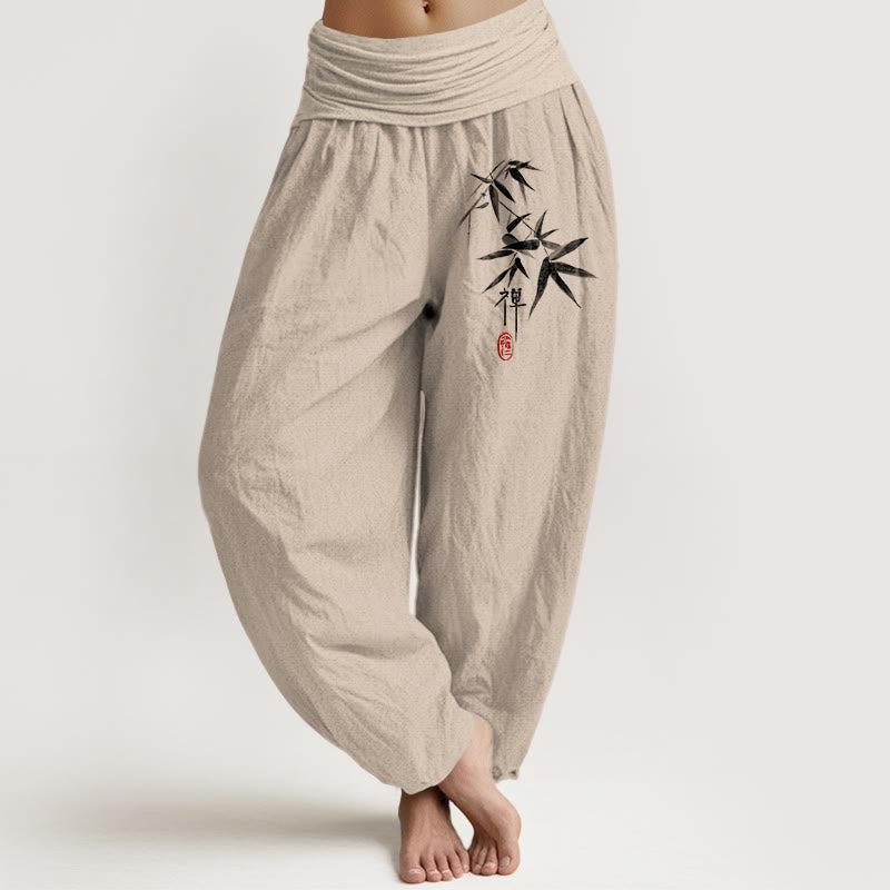 Nimara Ritual Pure Cotton Bamboo Zen Pattern Women's Elastic Waist Harem Pants