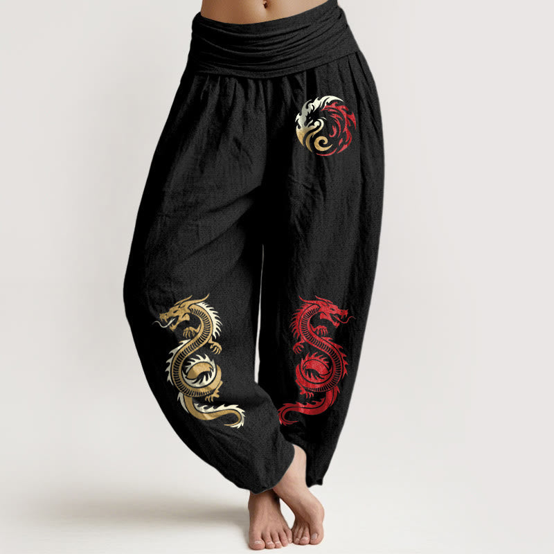Nimara Ritual Pure Cotton Dragon Pattern Women's Elastic Waist Harem Pants