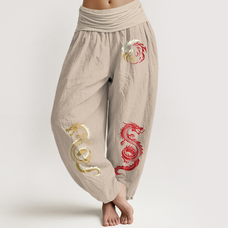Nimara Ritual Pure Cotton Dragon Pattern Women's Elastic Waist Harem Pants